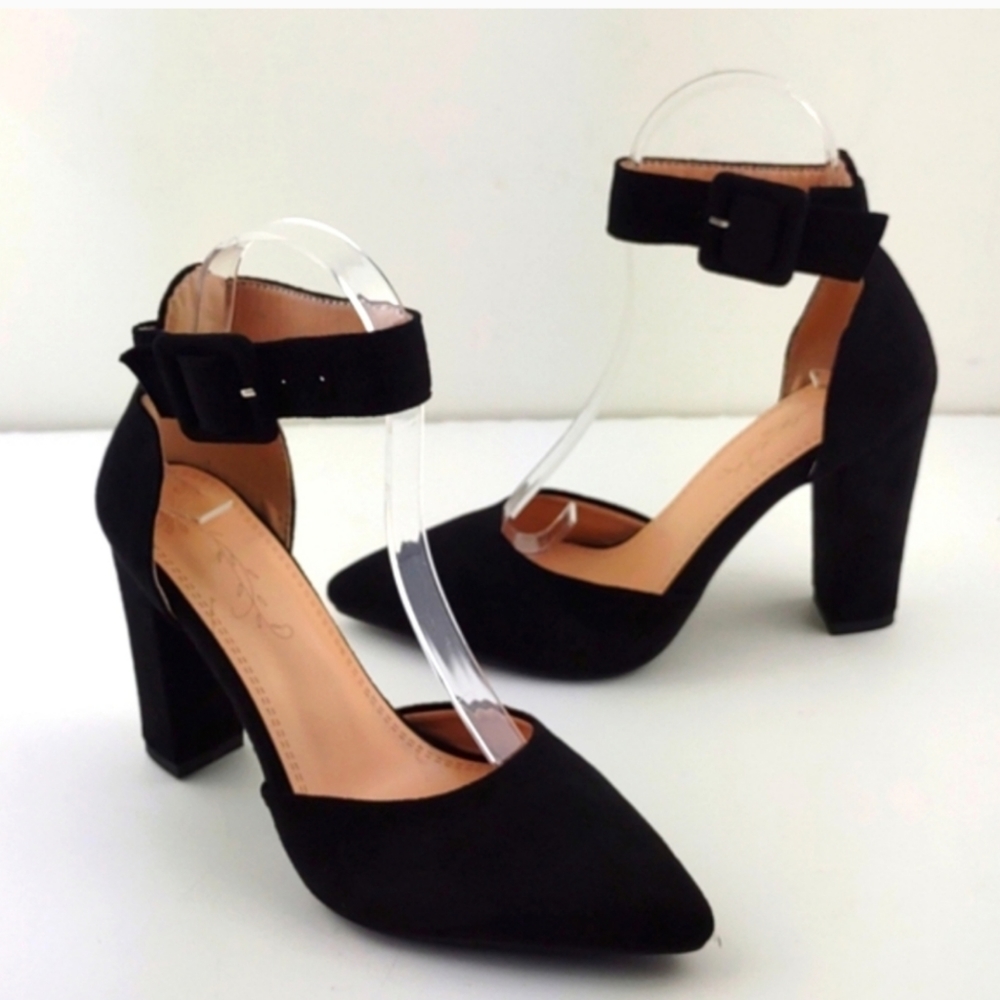Zuobola Black Closed Pointed Toe Chunky Block High Heels